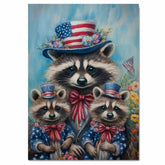 Patriotic Raccoon Family in American Flag Outfits and Hats with Flowers and Flags for Fourth of July Celebration on Ready to Hang 1.5" Thick Canvas Wrap, Floating Framed Canvas, Flat Rolled Canvas
